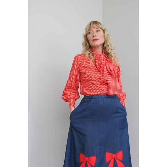 1980's Vintage Flo-Ree's Denim & Bow Skirt ~ Women's XXS XS SM 23" to 27" Waist - Picture 9 of 10
